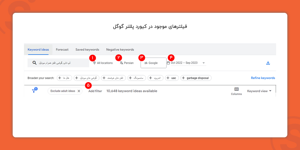 فیلترهای موجود در کیورد پللنر گوگل